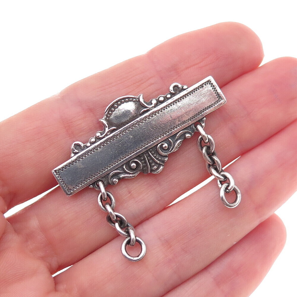 925 Sterling Silver Antique Art Deco Nameplate Oxidized Pin Brooch